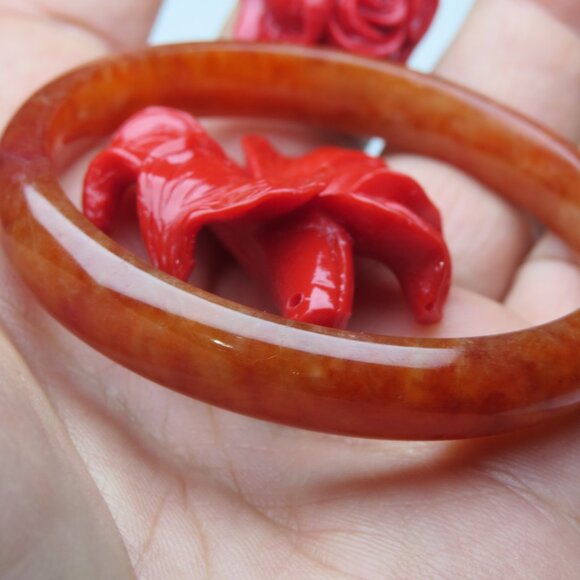 "Natural Jade bangle +   REE manmade Coral carved figurine 50mm " - Picture 2 of 3